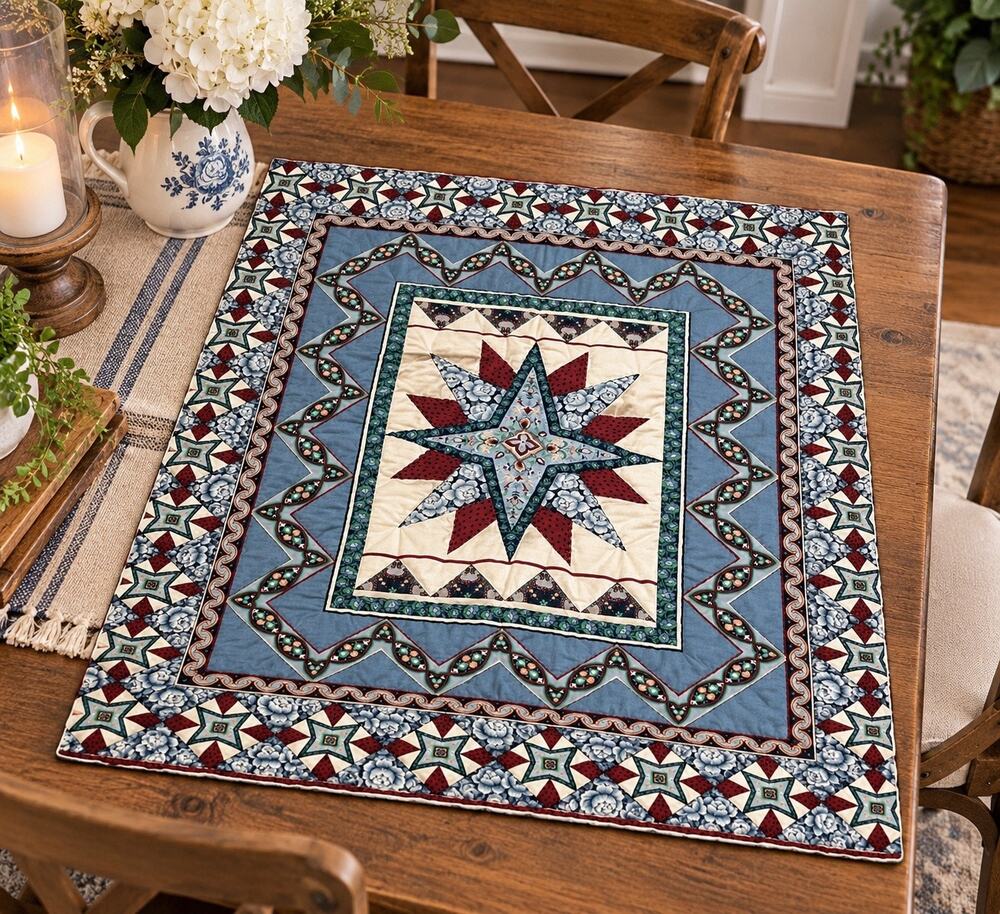 Handmade Quilted Table Topper Star Medallion Blue Burgundy Floral 31x35